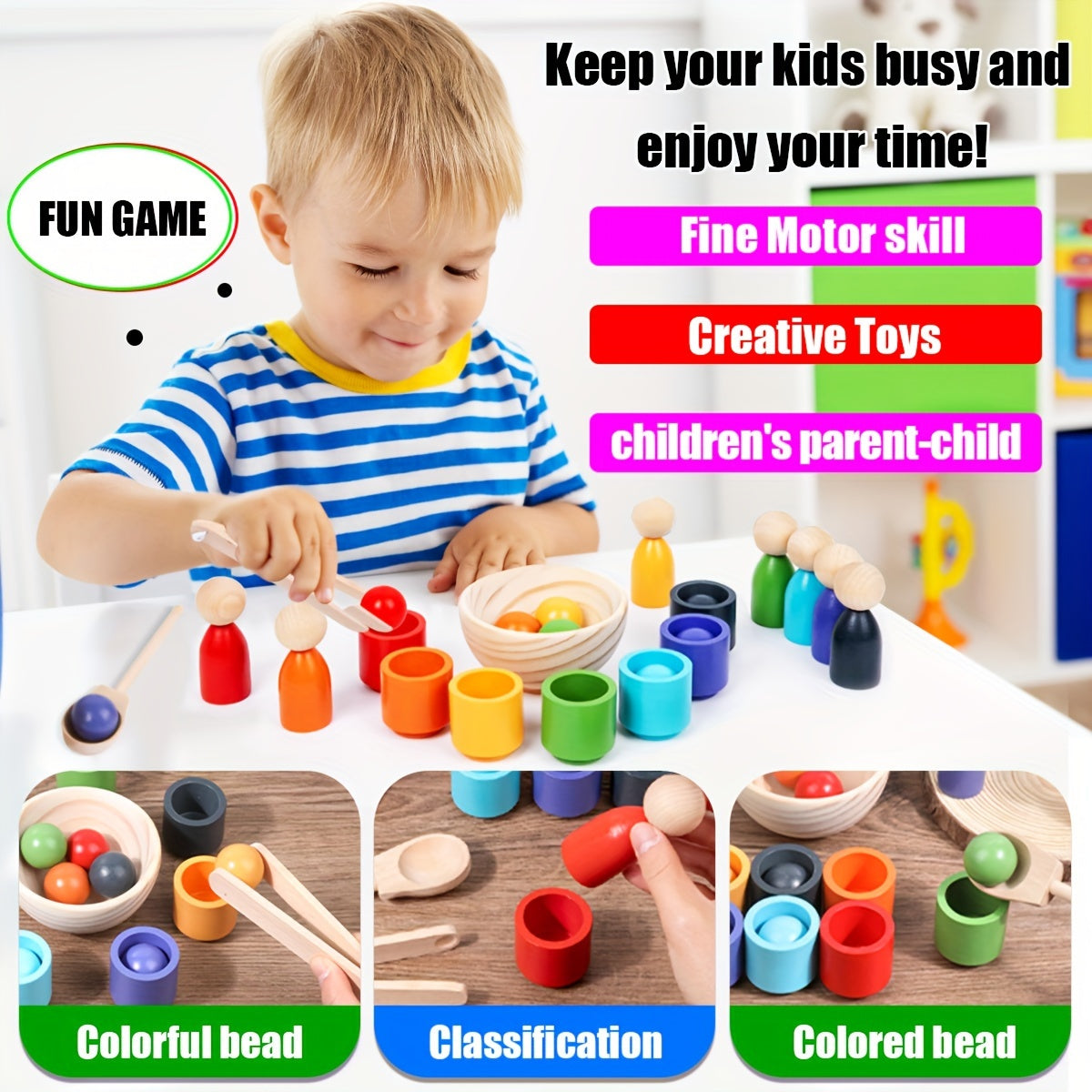Rainbow Wooden Sorter Toy with Cups Sorting & Fine Motor Skills Development Game