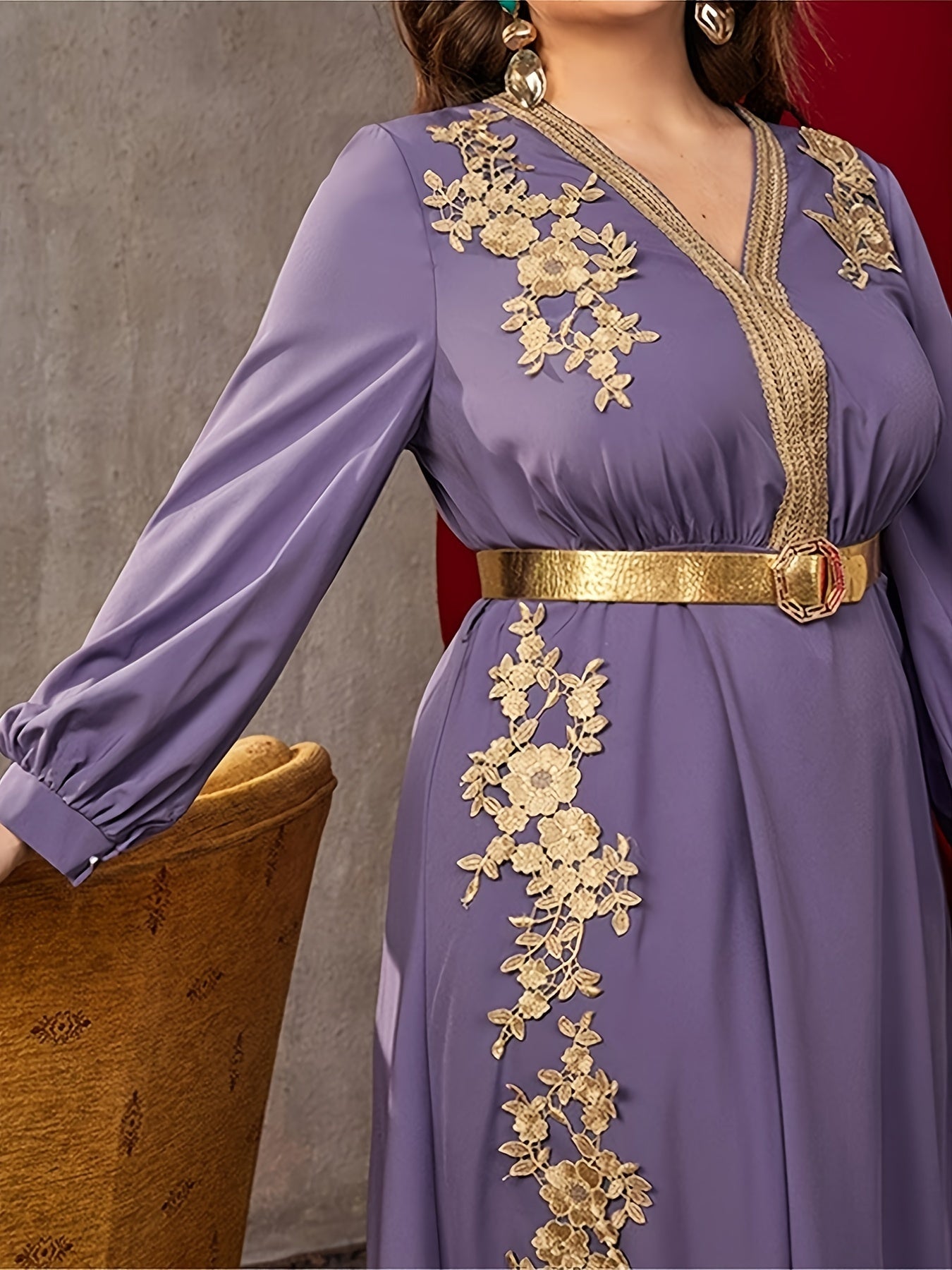  Abaya Dress Women's Plus Solid Applique Long Sleeve V Neck Maxi Jalabi
