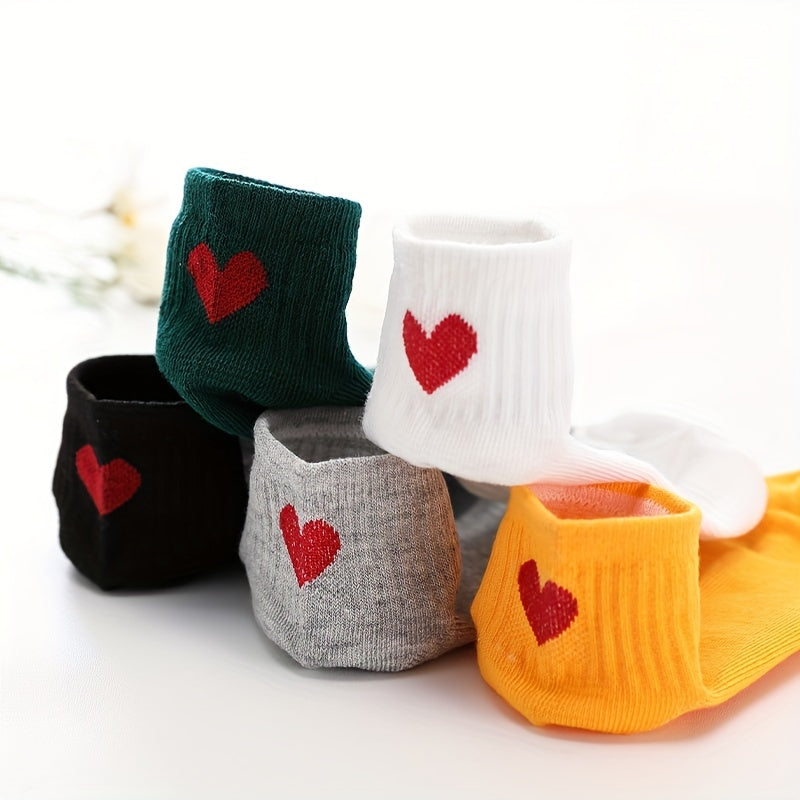 5 Pairs Heart Pattern Crew Socks Women's Stockings