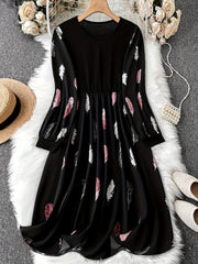  Colorblock Feather Print Long Sleeve Round Neck Dress