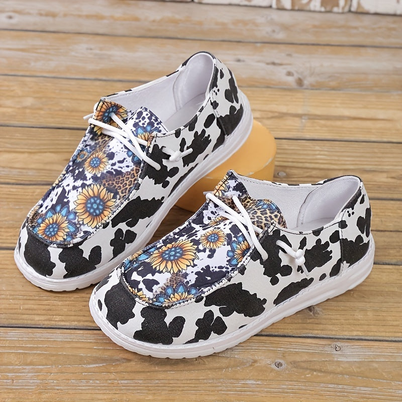 Women's Cow & Leopard Pattern Shoes Lace Up Slip On Round Toe Canvas Shoes