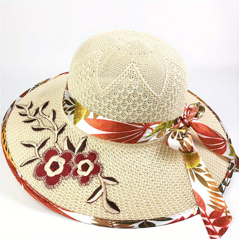 Vintage Flower Embroidery Sun Hat Beige Hollow Crochet Straw Hat UV Protection