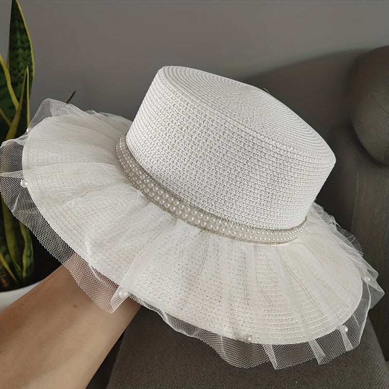 Mesh Lace Sun Hat Faux Pearl Decor Wide Brim Straw Hat French Style