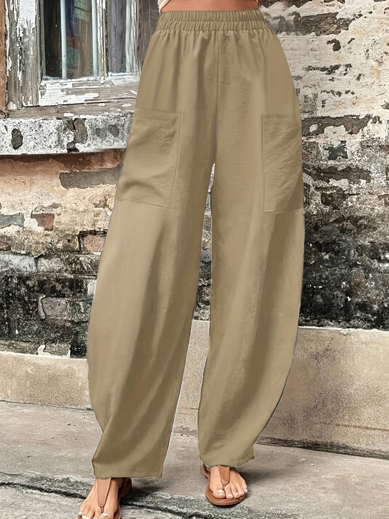  Solid High Rise Loose Pants With Pockets