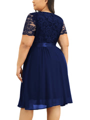  Party Dress Women's Plus Solid Contrast Lace Short Sleeve V Neck