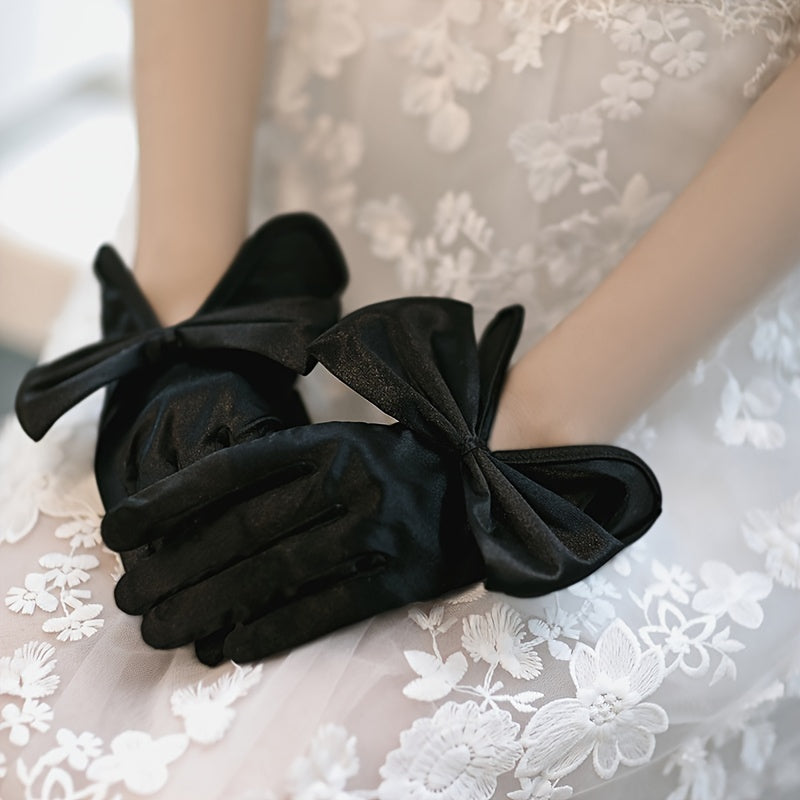 Bride Short Satin Elastic Big Bow Wedding Gloves Red Beige