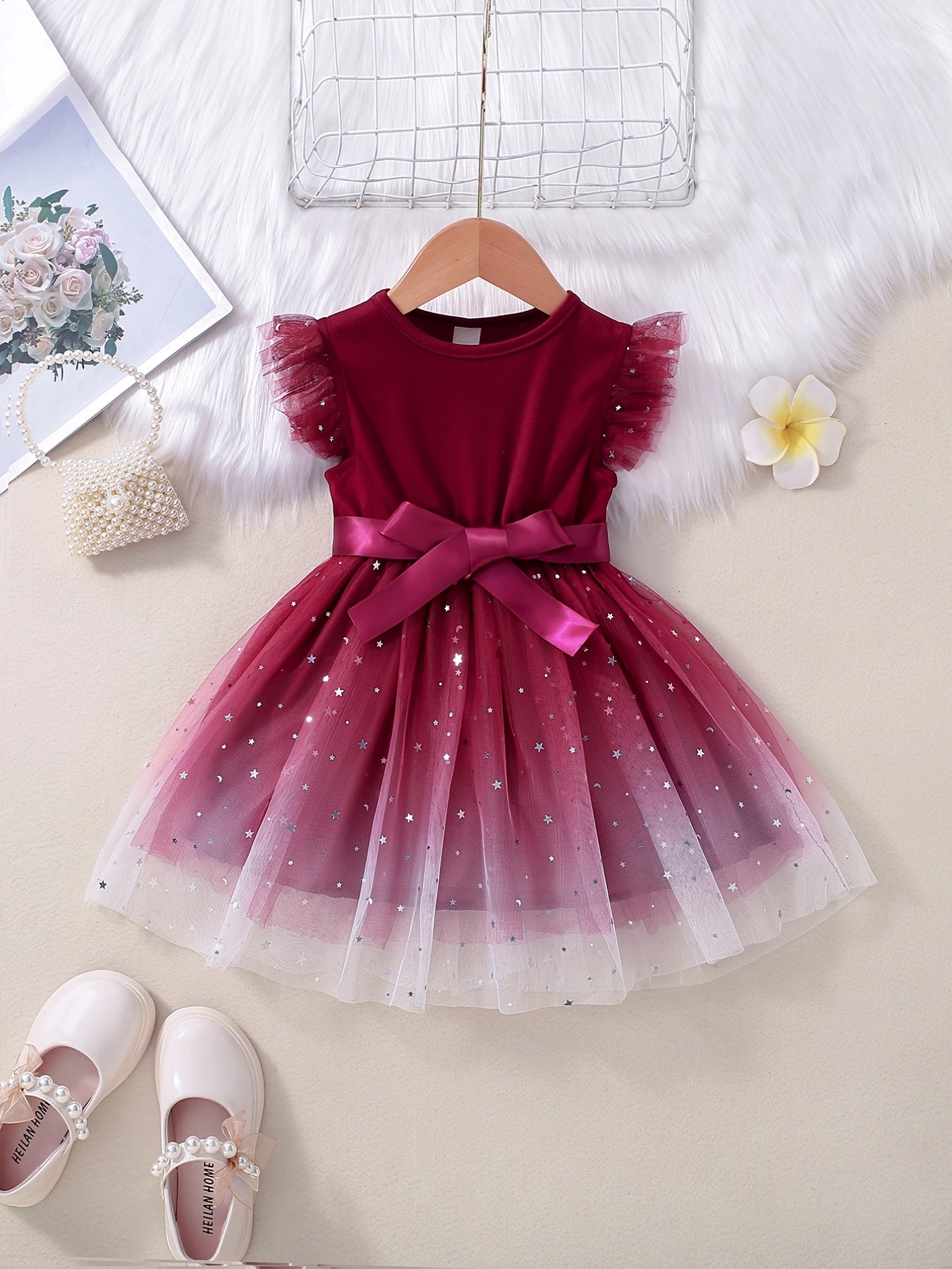 Girls Ruffled Sleeves Stars Mesh Princess Dress For Party