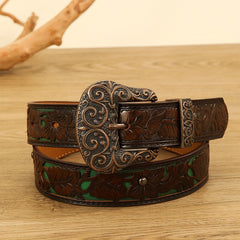 Vintage Carved Buckle Flower Embossed Belt PU Belt For Women Men