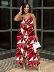  Sexy Dress Women's Plus Colorblock Chain Print V Neck Cami Maxi Dress