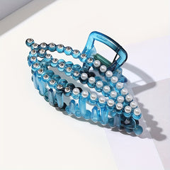 Large Plastic Leaf Hair Claw Rhinestone Pearl Clip for Women