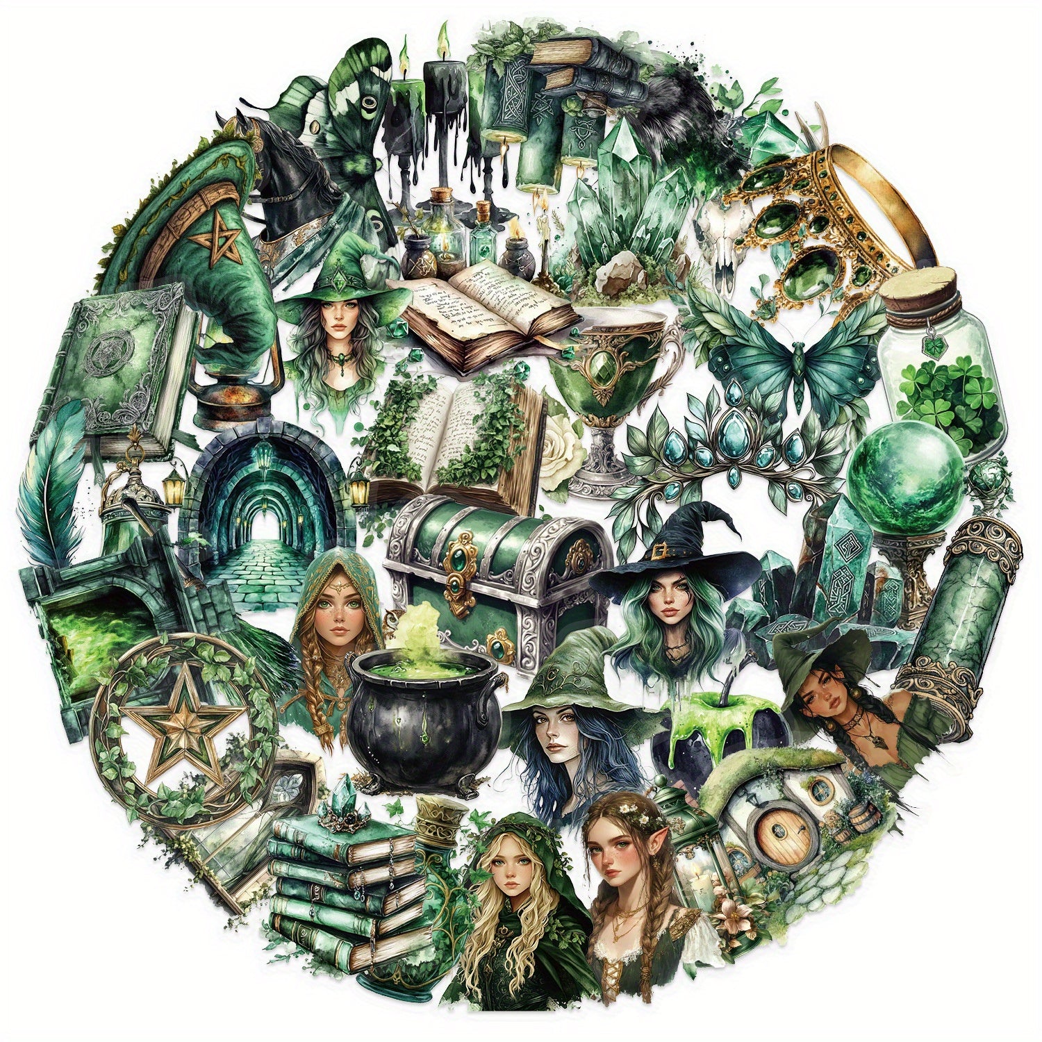 50pcs Transparent Forest Witch Cartoon Decals Vinyl Stickers Mystical Art