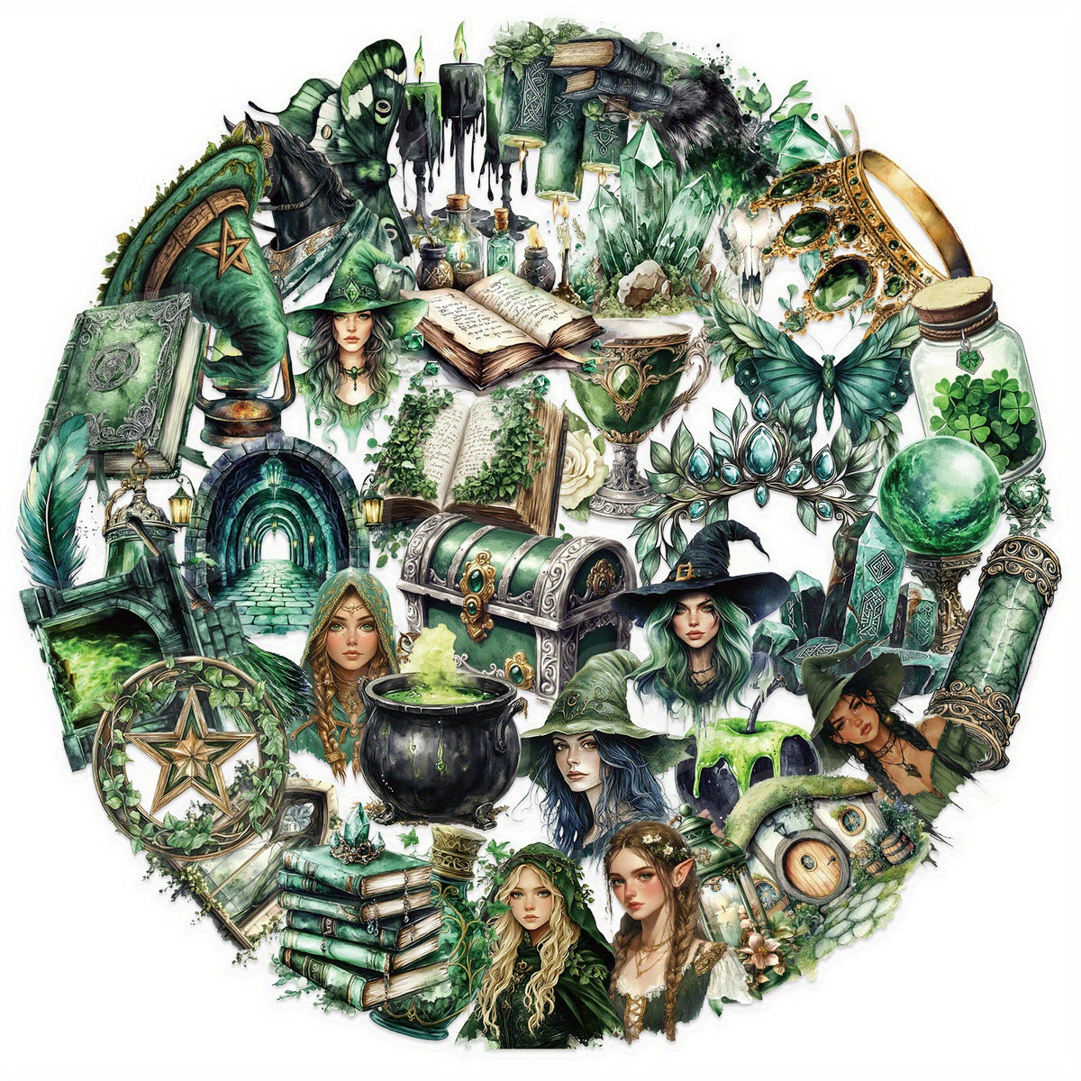 50pcs Transparent Forest Witch Cartoon Decals Vinyl Stickers Mystical Art