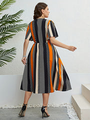  Colorblock Polka Dot Surplice Neck Midi Dress