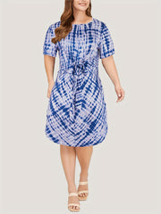  Tie Dye Short Sleeve Round Neck Belted Dress