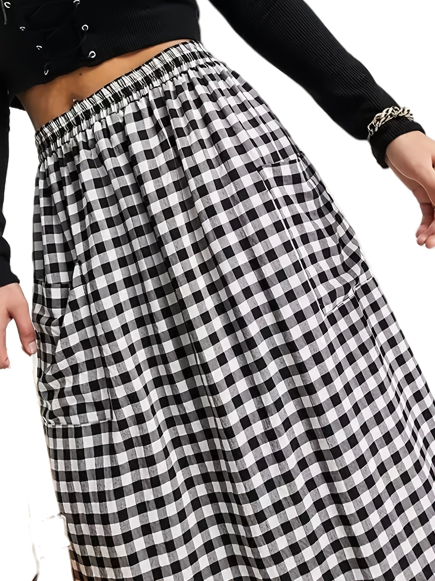  Gingham Print High Waist Skirt With Pockets Women's Plus Long Skirt