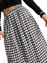  Gingham Print High Waist Skirt With Pockets Women's Plus Long Skirt