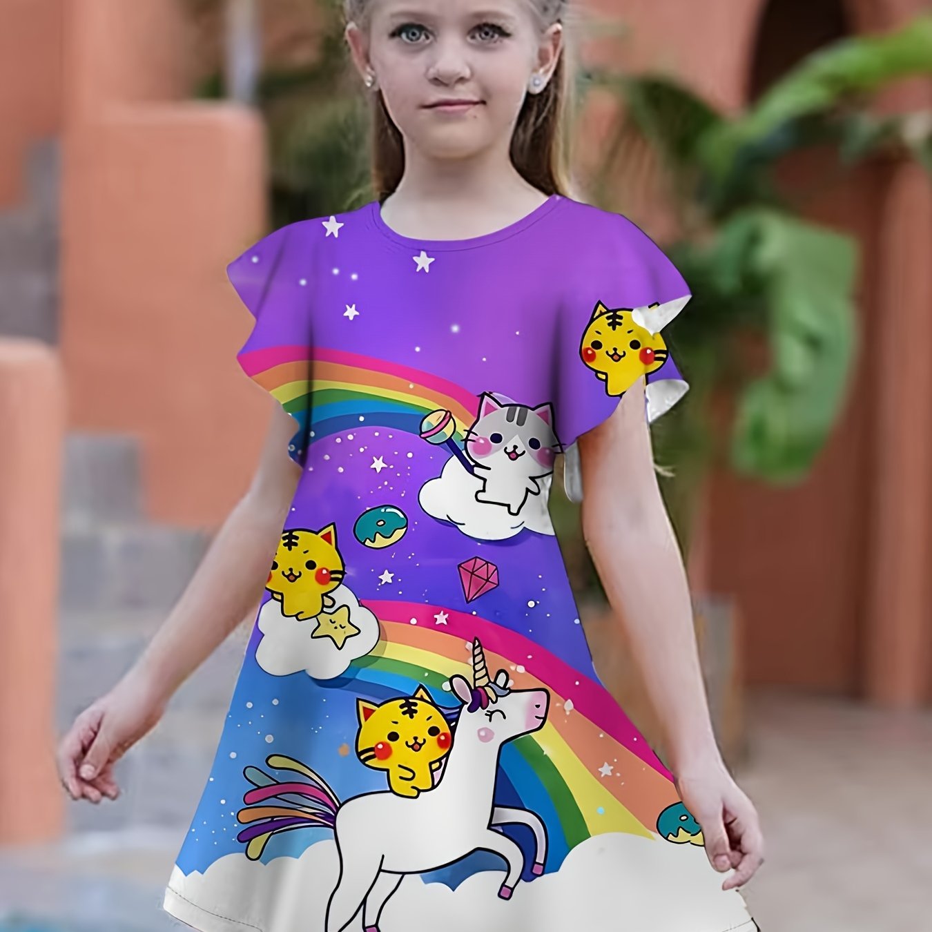 Girls 3D Kitty & Unicorn Graphic Dress Girls Comfy Short Sleeve