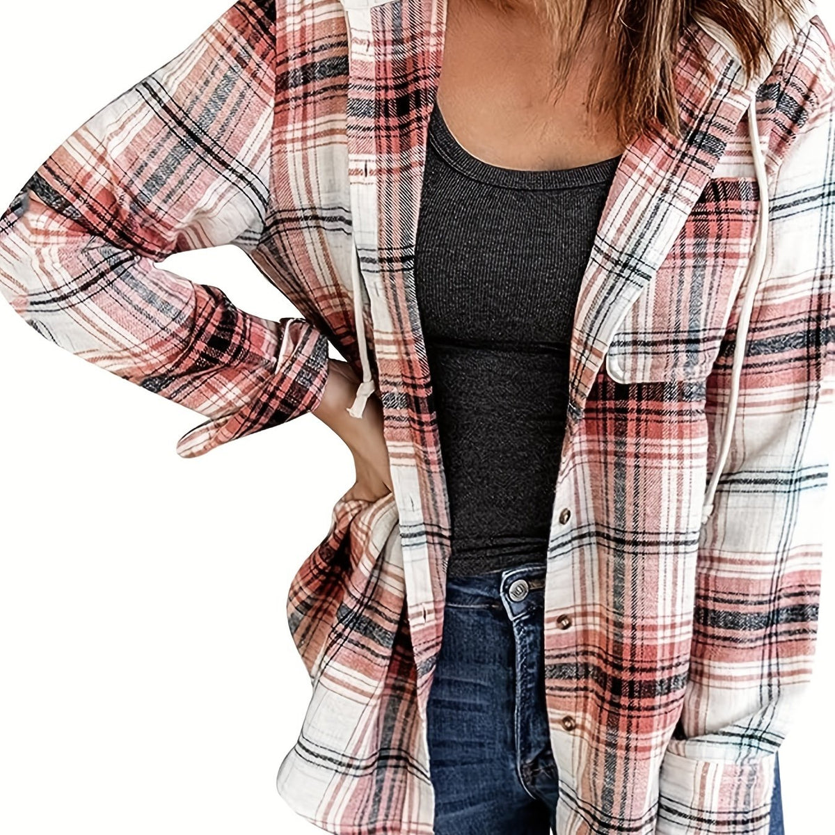  Plaid Print Button Up Long Sleeve Drawstring Hooded Shacket