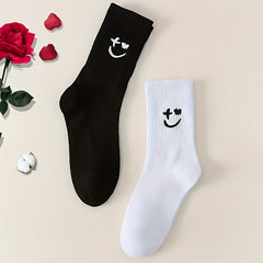 Men's Smiley Face Crew Socks - Cartoon Pattern, Comfy Street Style
