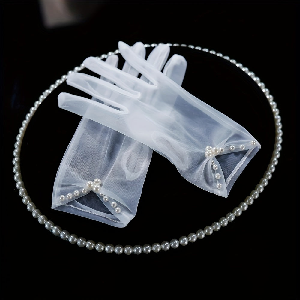 Ruched Bow Gloves Faux Pearl Decor Short Gloves