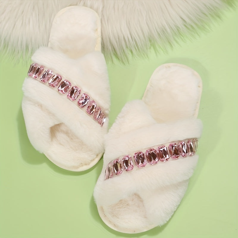 Rhinestone Slip-On Slippers Cross Straps Open Toe Non-Slip Indoor Shoes