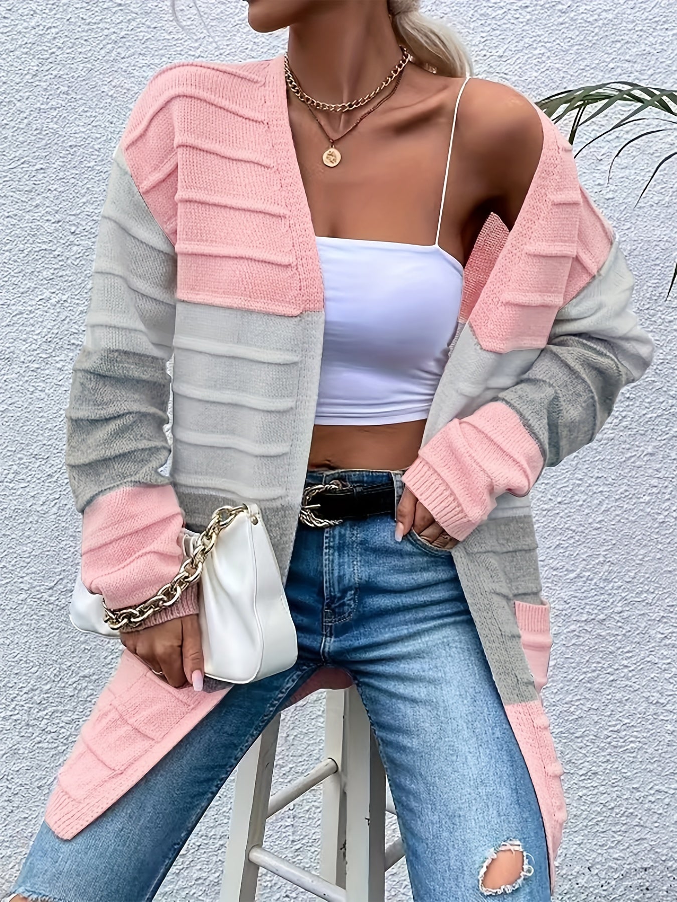  Colorblock Long Sleeve Open Front Cardigan With Pockets