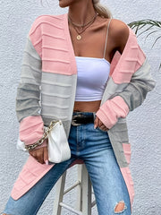 Colorblock Long Sleeve Open Front Cardigan With Pockets
