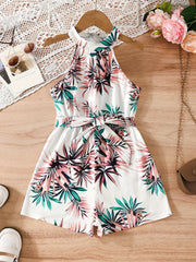 Girls' Leaf Print Halter Romper With Belt