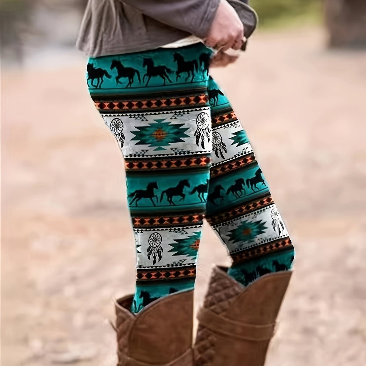  Boho Leggings Women's Plus Tribal & Horse Print Elastic High Rise