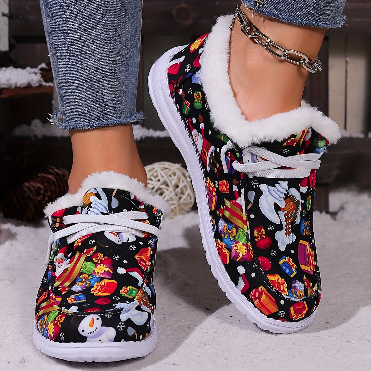 Women's Christmas Snow Boots Santa Snowflakes Cartoon Winter Plush Warm Flat