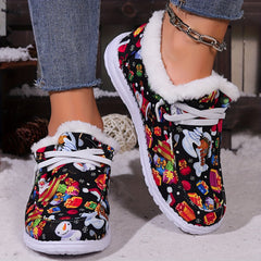 Women's Christmas Snow Boots Santa Snowflakes Cartoon Winter Plush Warm Flat