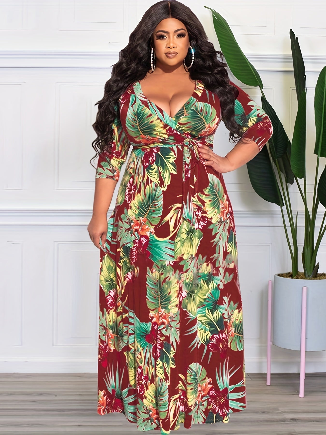 Women's Plus Tropical Print V Neck Maxi Dress