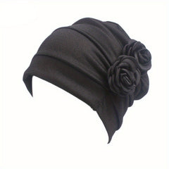 Flower Decor Turban Cap Head Wrap Elastic Hijab Hat Cotton Beanie Chemo Hats