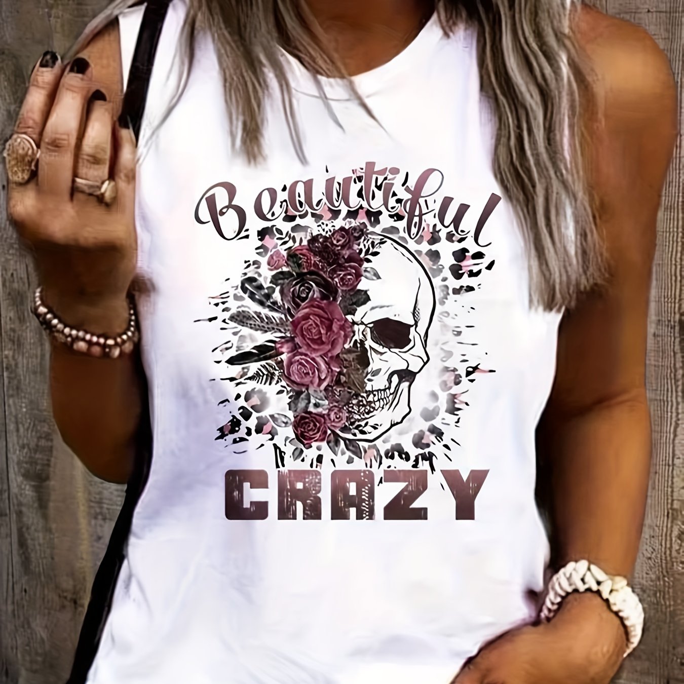  Gothic Tank Top Women's Plus Floral Skull & Letter Print