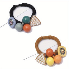 2pcs Candy Beaded Hair Tie Faux Pearl Decor Hair Rope Knitted Hair Tie