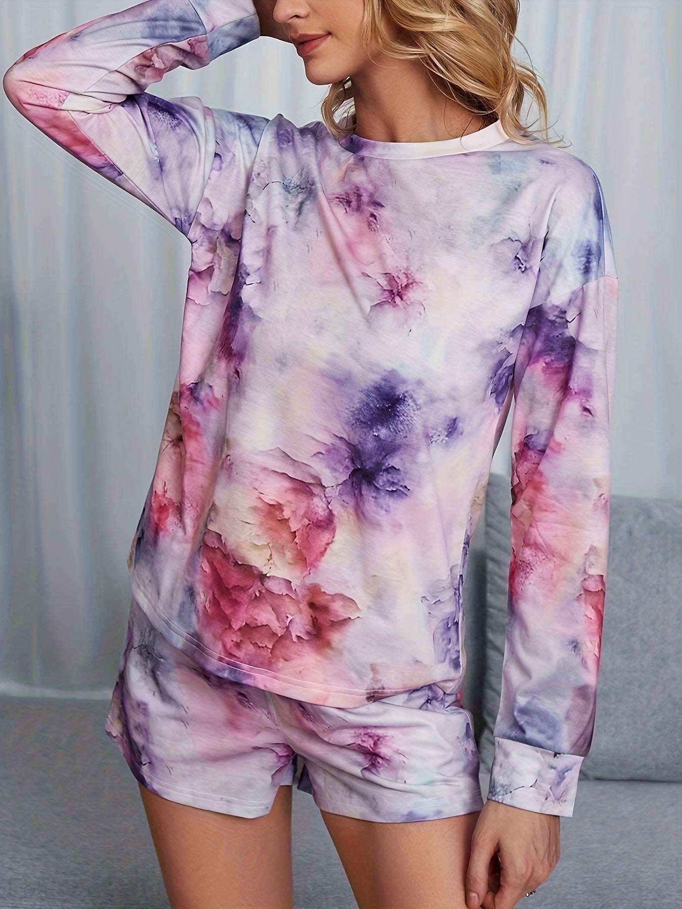 Tie Dye Lounge Set Long Sleeve Top & Shorts