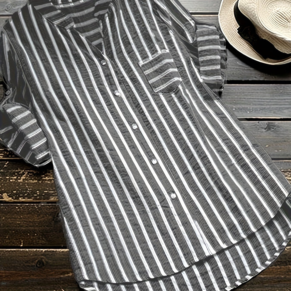  Stripe Print Button Up Roll Up Sleeve V Neck Blouse
