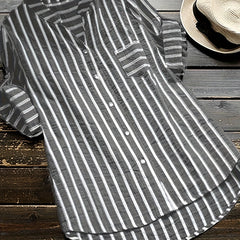  Stripe Print Button Up Roll Up Sleeve V Neck Blouse