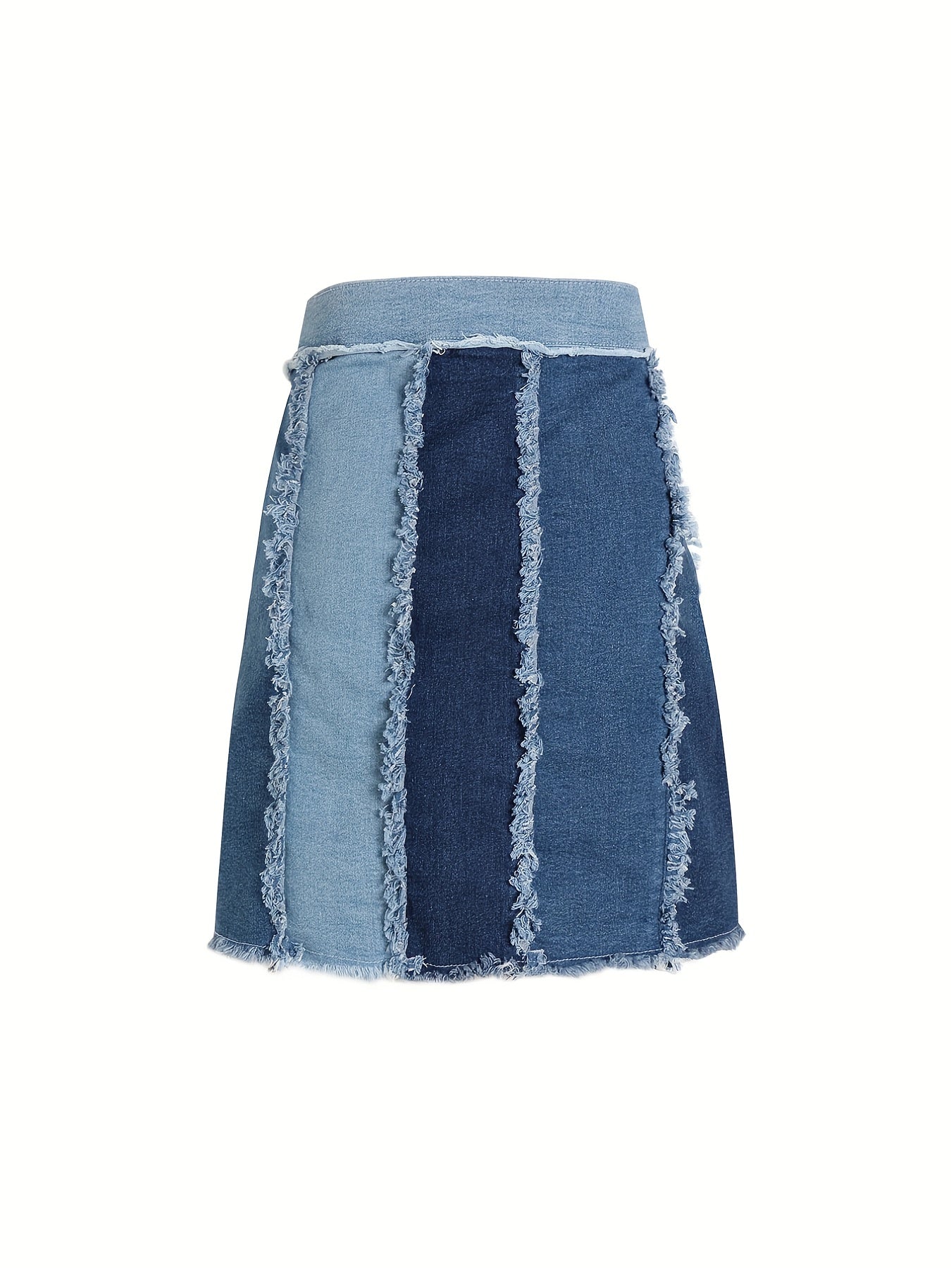 Colorblock Frayed Trim Denim Mini Skirt Patchwork Street Style