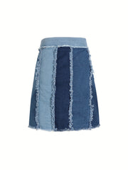 Colorblock Frayed Trim Denim Mini Skirt Patchwork Street Style