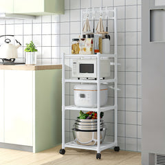 4 Layer Kitchen Storage Rack With Pulleys & Hooks Standing Rack