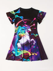 Girls Unicorn Print Flutter Sleeve Dress For Party Summer Kids Clothes