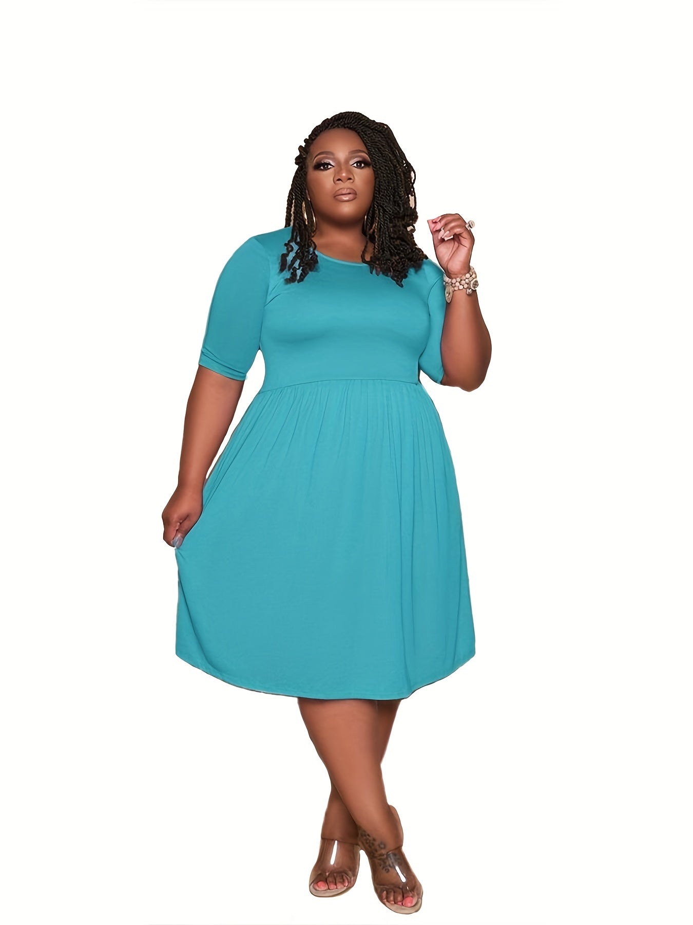  Solid Short Sleeve Dress With Pockets