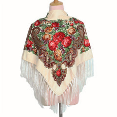 Flower Print Tassel Shawl Boho Square Scarf Vintage Wrap