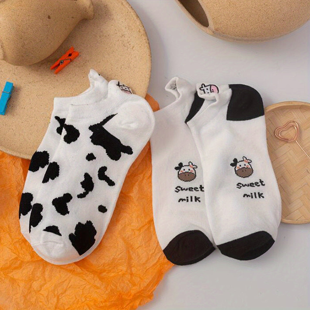 2 Pairs Cartoon Cow Print Socks & Lightweight Low Cut Ankle Socks