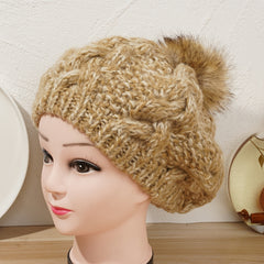 Women's Woolen Beanie Hat with Faux Fox Fur Pom Pom