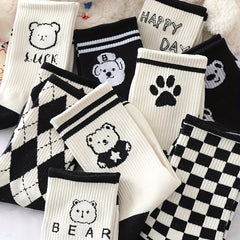 10 Pairs Women's Bear & Plaid Print Mid Tube Socks