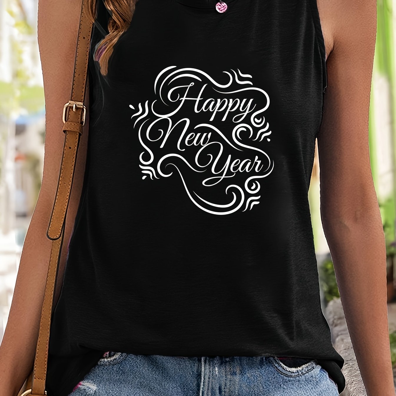 Happy Year Print Sleeveless Sports Vest Round Neck Stretchy Casual Tops Women's