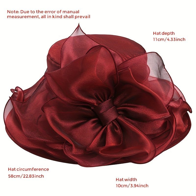 Red Organza Derby Hat Flower Decor Mesh Bucket Hat