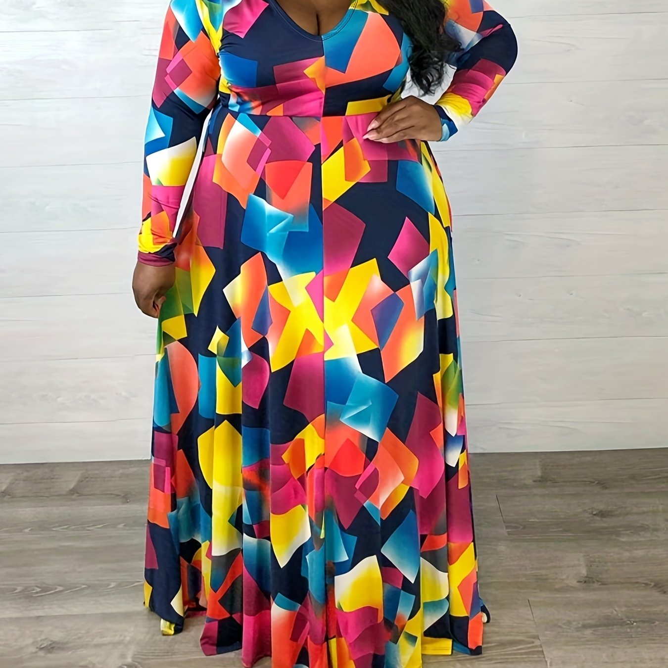  Geometric Print V Neck Long Sleeve Maxi Dress Women's Plus